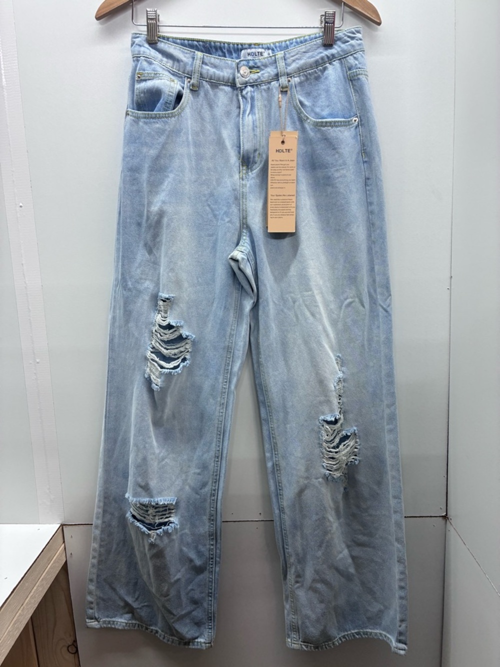 HDLTE‎ Light Blue Distressed Wide-Leg Jeans